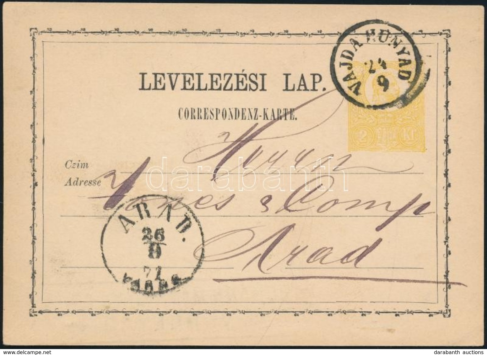 1871 2kr Díjjegyes Levelez?lap / PS-card 'VAJDA-HUNYAD' - 'ARAD/VÁROS' - Sonstige & Ohne Zuordnung