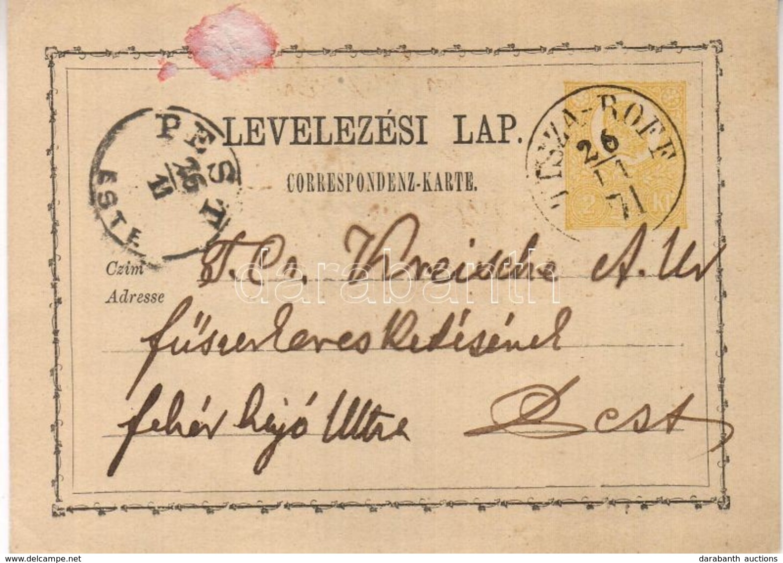 1871 2kr Díjjegyes Levelez?lap / PS-card 'TISZA-ROFF'-Pest - Sonstige & Ohne Zuordnung