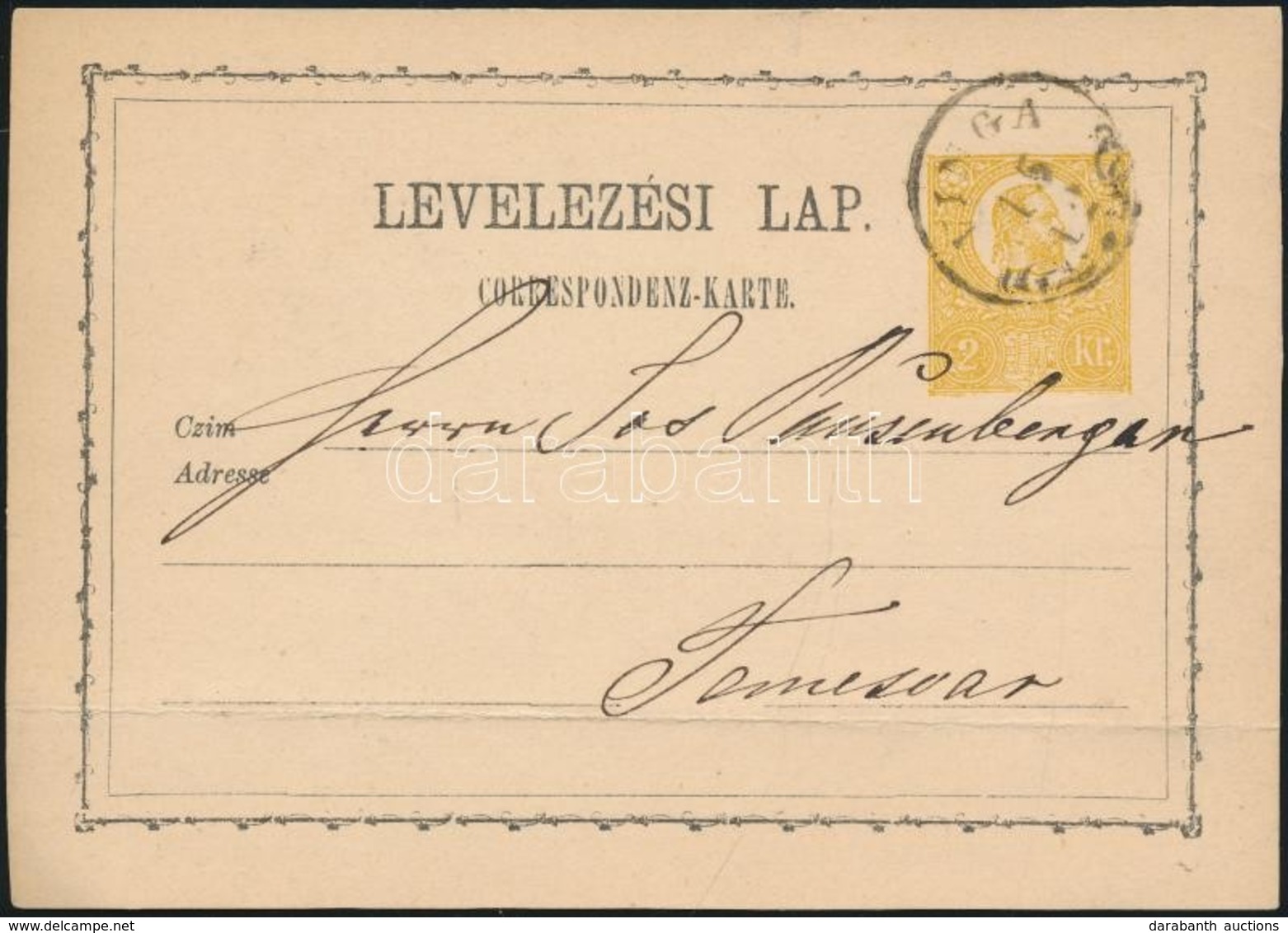 1871 2kr Díjjegyes Levelez?lap / PS-card 'VINGA' - Temesvár - Otros & Sin Clasificación