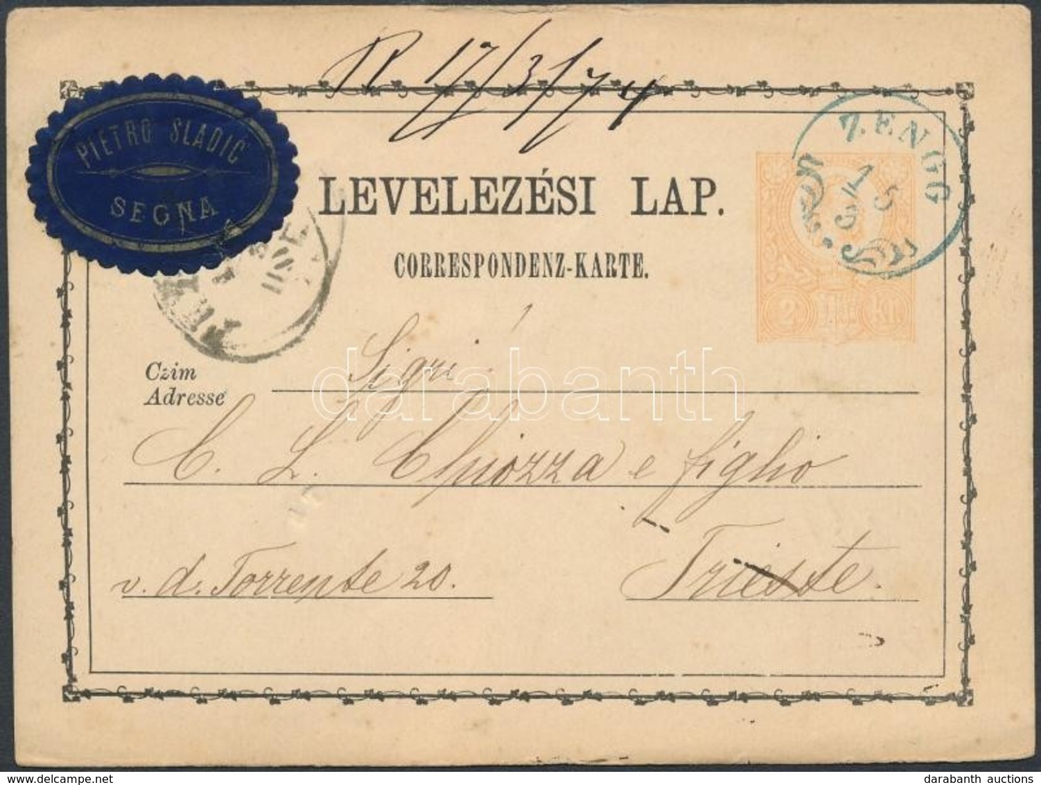 1874 2kr Díjjegyes Levelez?lap / PS Card Kék / Blue  'ZENGG' - Sonstige & Ohne Zuordnung