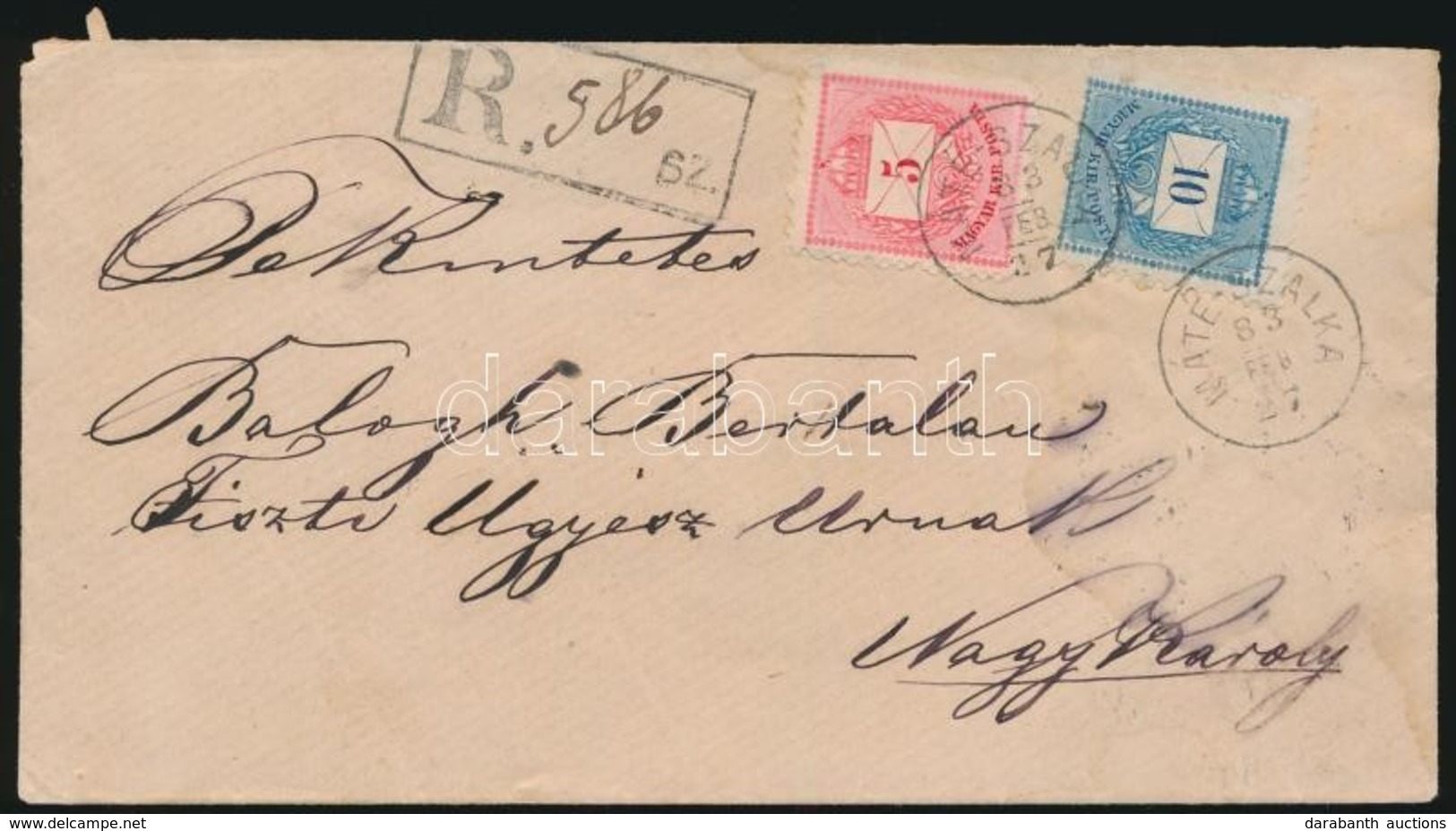 1883 Színesszámú 5kr + 10kr Ajánlott Levélen ,,MÁTÉ-SZALKA' - ,,NAGY-KÁROLY' - Otros & Sin Clasificación
