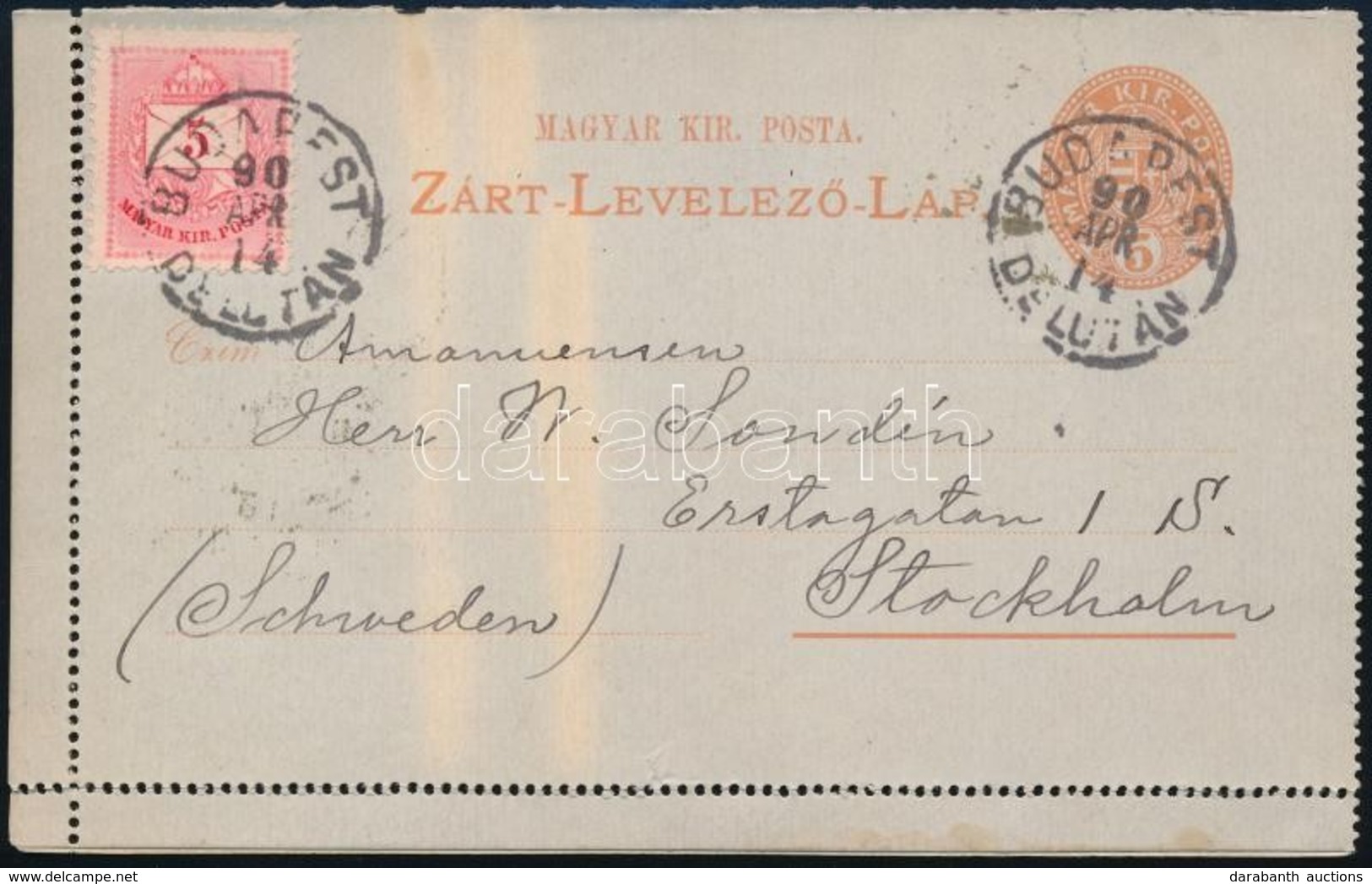 1890 5kr Zárt Díjjegyes Levelez?lap 5kr Díjkiegészítéssel Stockholmba / 5kr PS-cover Card With 5kr Additional Franking T - Otros & Sin Clasificación