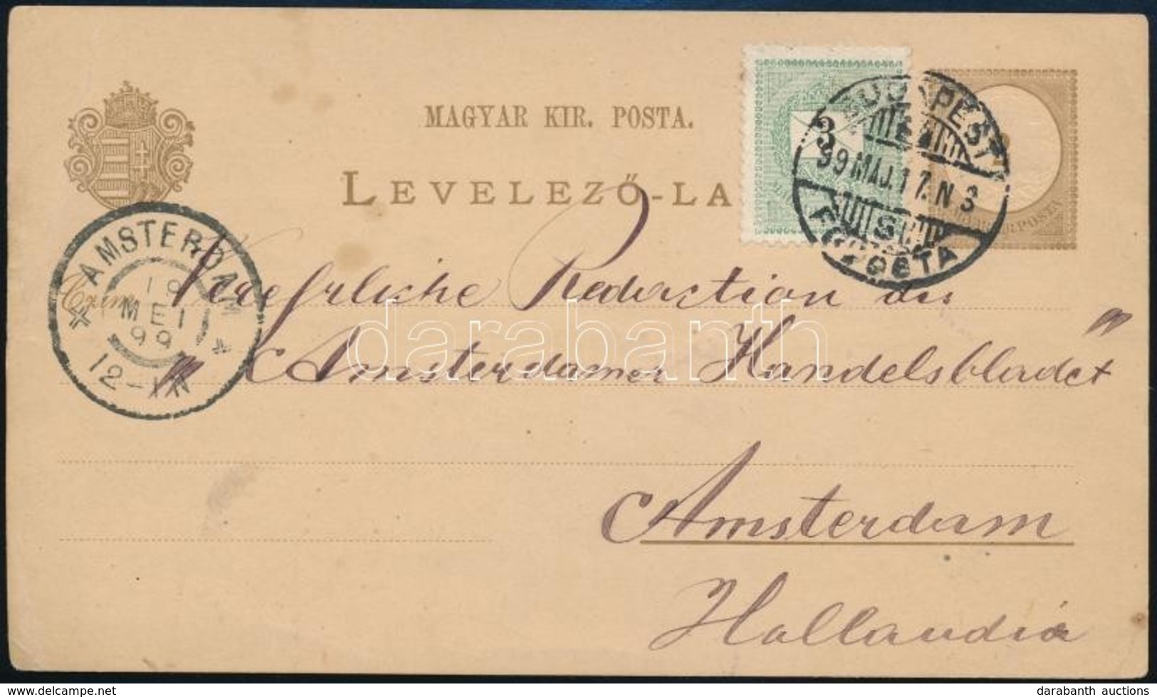 1899 2kr Díjjegyes Levelez?lap 3kr Díjkiegészítéssel Amszterdamba / PS-card With 3kr Additional Franking To Amsterdam - Other & Unclassified