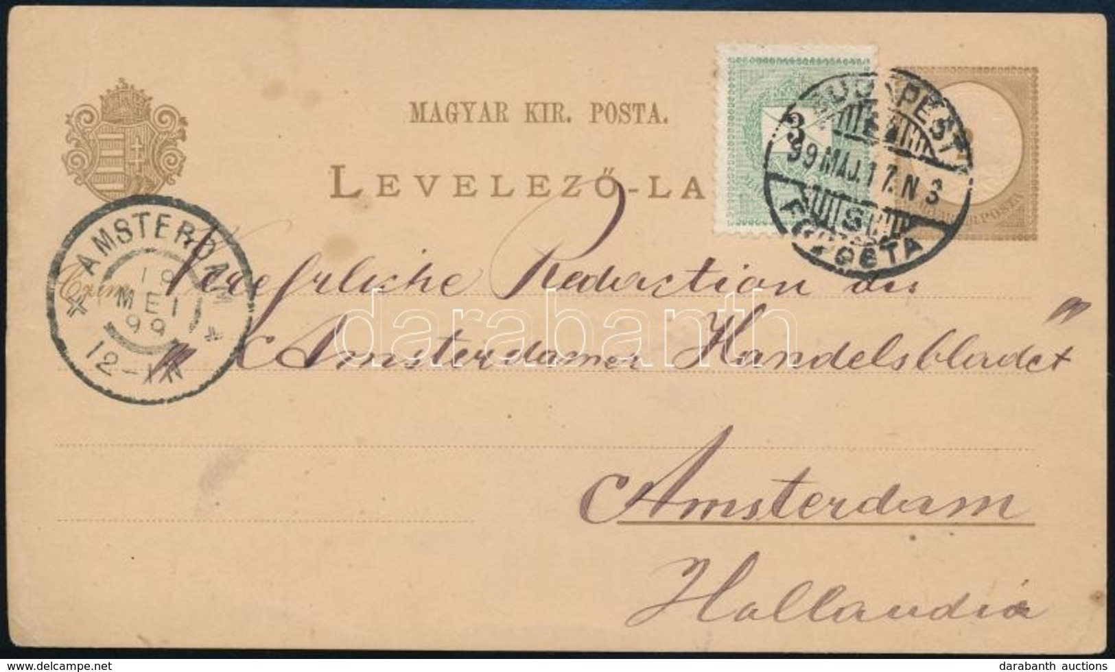 1899 2kr Díjjegyes Levelez?lap 3kr Díjkiegészítéssel Amszterdamba / PS-card With 3kr Additional Franking To Amsterdam - Otros & Sin Clasificación