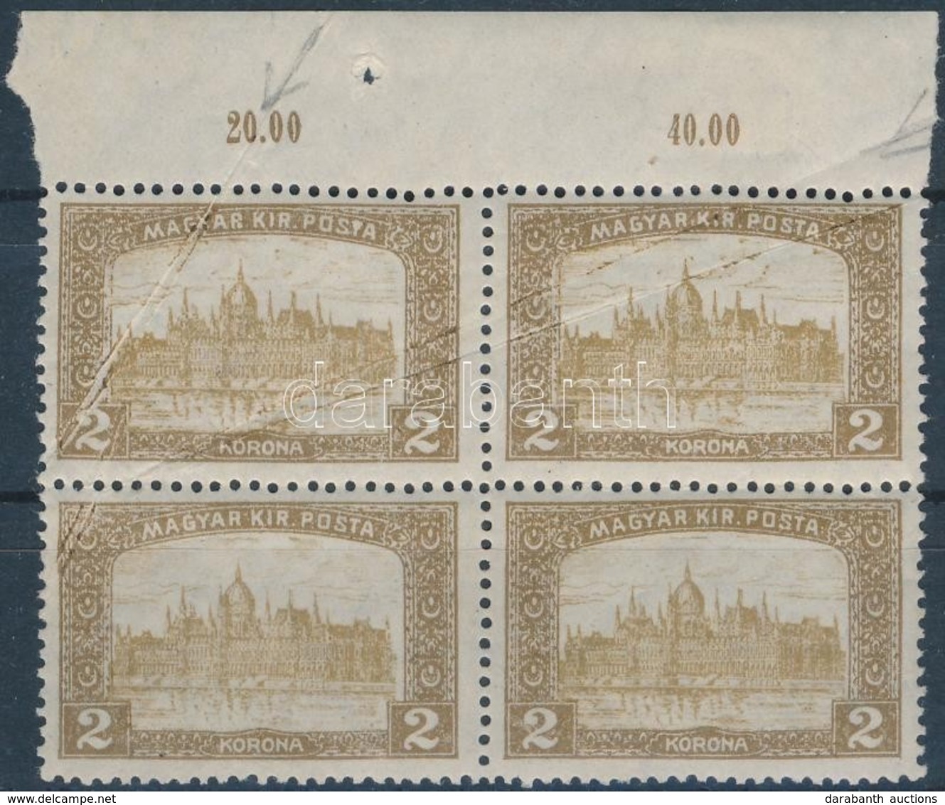 * 1916 Arató-Parlament  2K ívszéli Négyestömb Papírráncokkal / Mi 204 Block Of 4 With Paper Creases - Autres & Non Classés