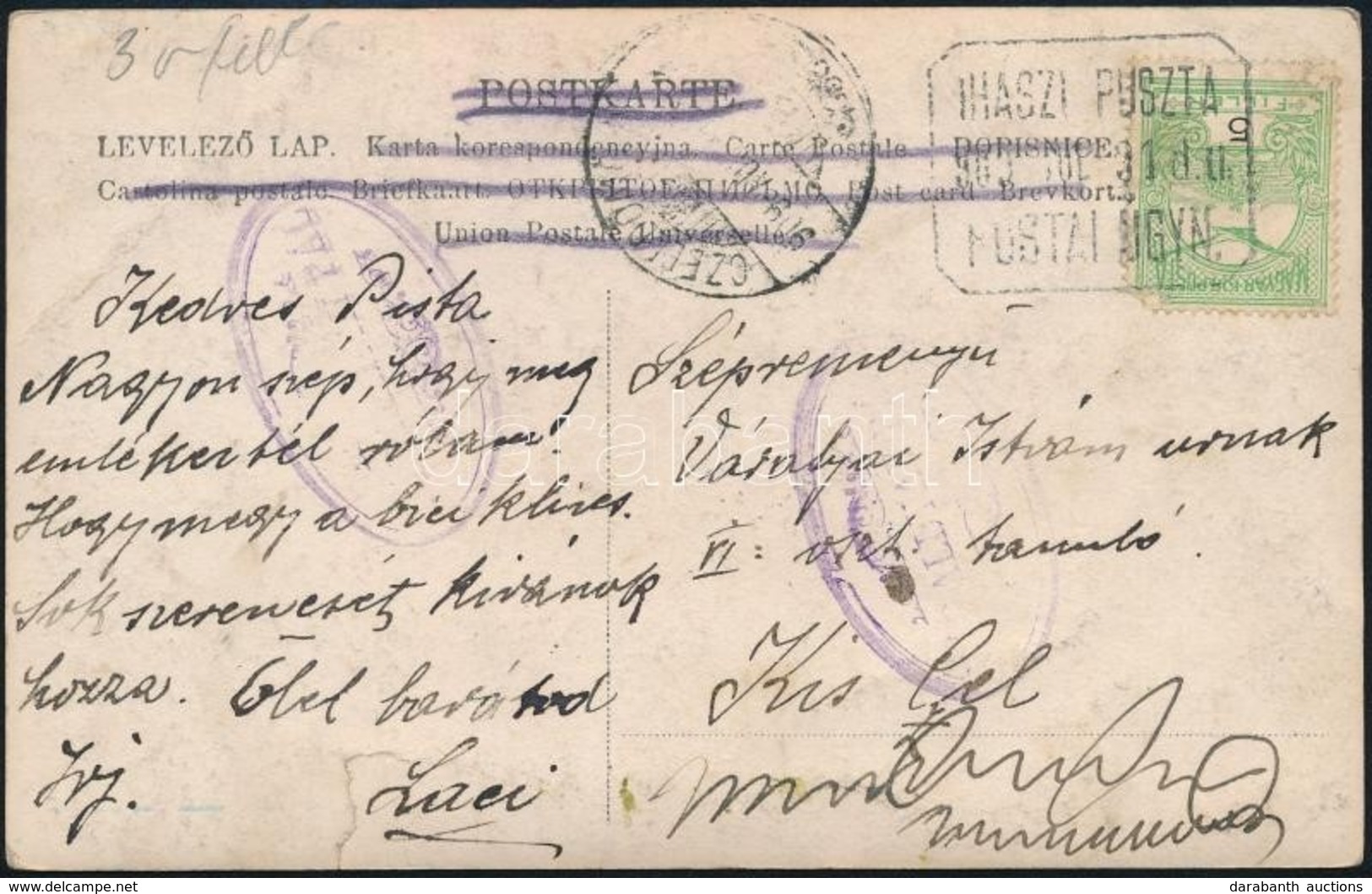 1909 Képeslap IHÁSZI PUSZTA Postaügynökségi Bélyegzéssel / Postcard With Postal Agency Postmark - Autres & Non Classés