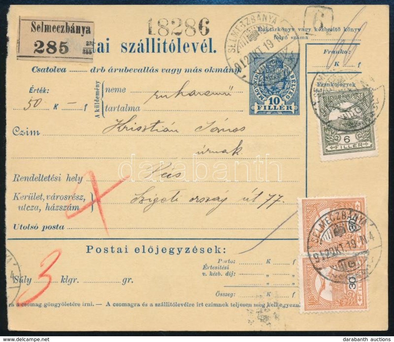 1912 Postai Szállítólevél 66f Bérmentesítéssel / Parcel Card 'SELMECZBÁNYA' - Otros & Sin Clasificación