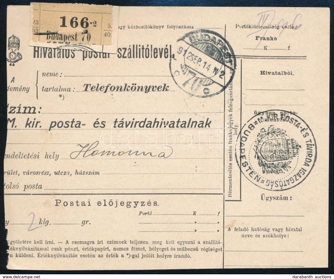 1912 Hivatalos Postai Szállítólevél / Official Parcel Card 'BUDAPEST' - Homonna - Otros & Sin Clasificación