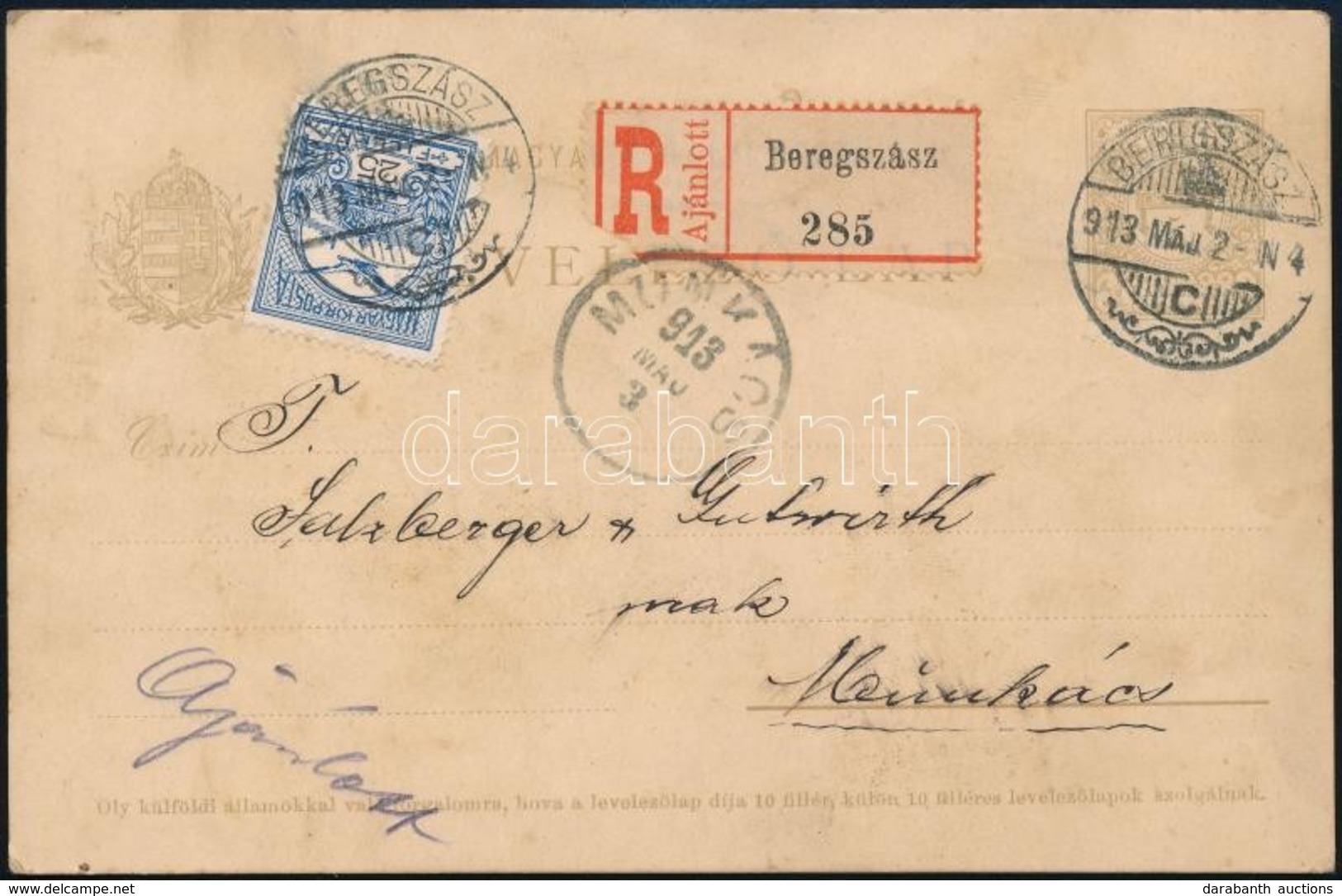 1913 Ajánlott Díjjegyes Levelez?lap Díjkiegészítéssel / Registered PS-card 'BEREGSZÁSZ' - Munkács - Andere & Zonder Classificatie