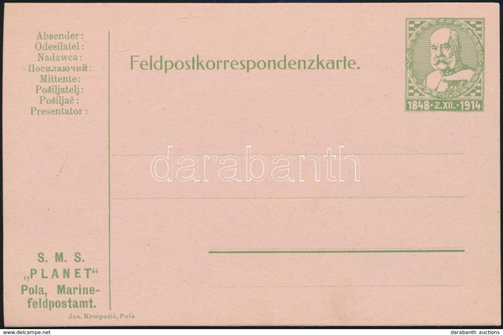 1914 Díjjegyes Tábori Levelez?lap, Használatlan / Field PS-card, Unused 'S.M.S. PLANET' - Otros & Sin Clasificación