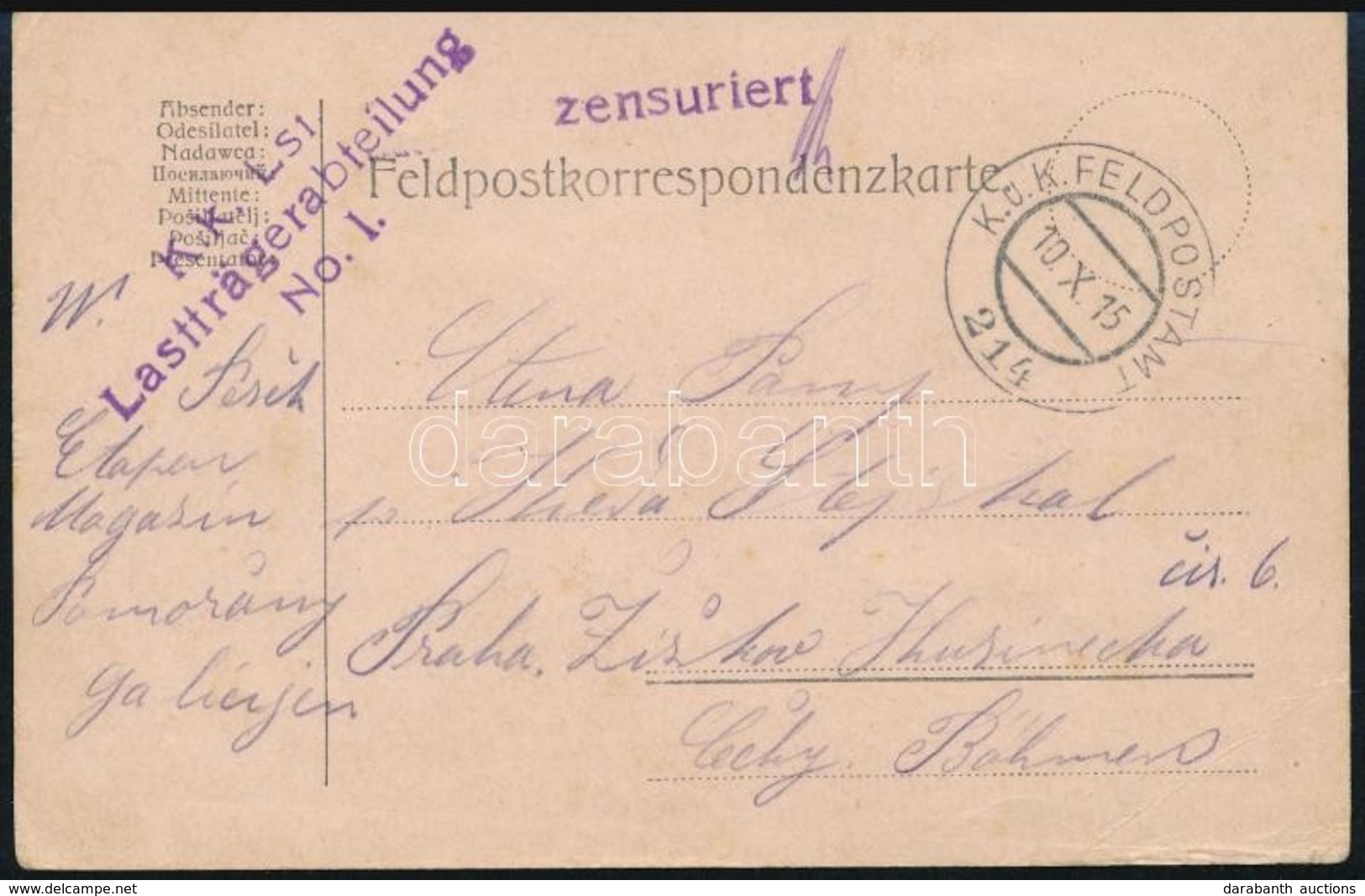 1915 Tábori Posta Levelez?lap 'K.k. Lst Lastträgerabteilung No.1.' + 'FP 214' - Sonstige & Ohne Zuordnung