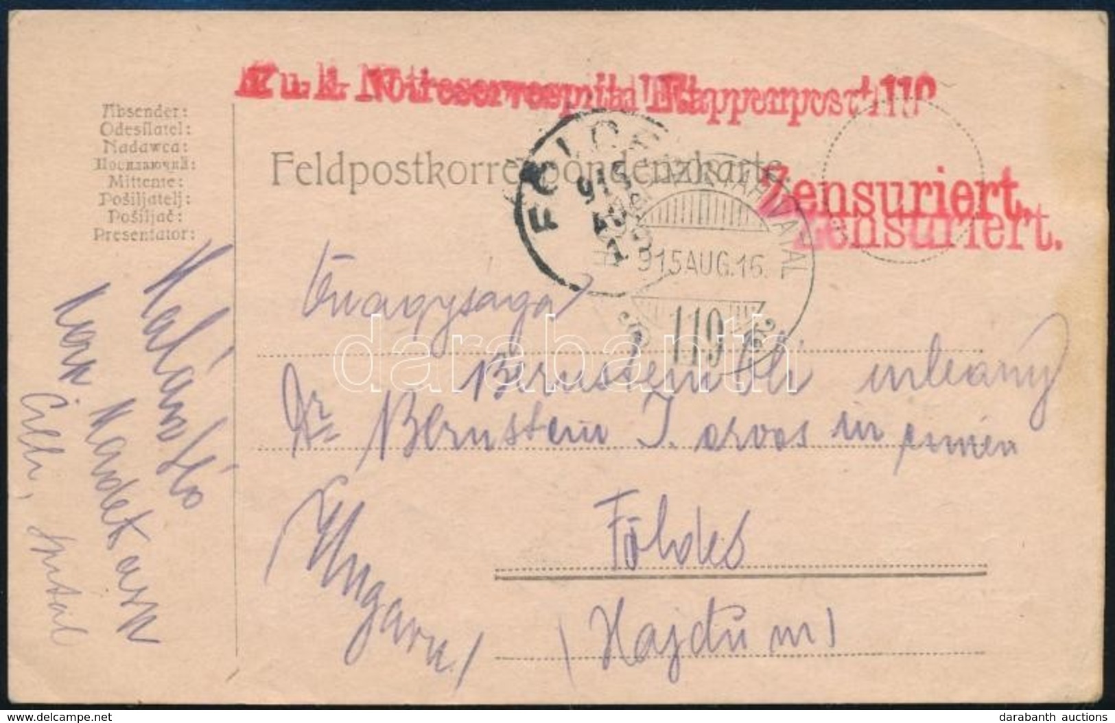 1915 Tábori Posta Levelez?lap 'K.u.k. Notreservespital Etappenpost 119' + 'HP 119' - Otros & Sin Clasificación