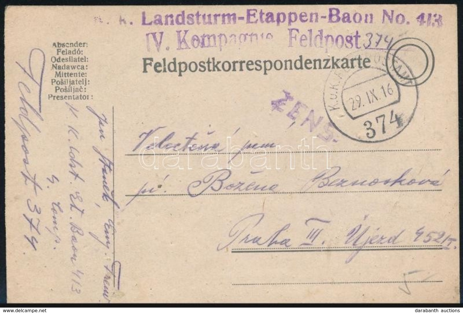 1916 Tábori Posta Levelez?lap 'K.k. Landsturm-Etappen-Baon No.413 IV. Kompagnie' + 'FP 374' - Autres & Non Classés