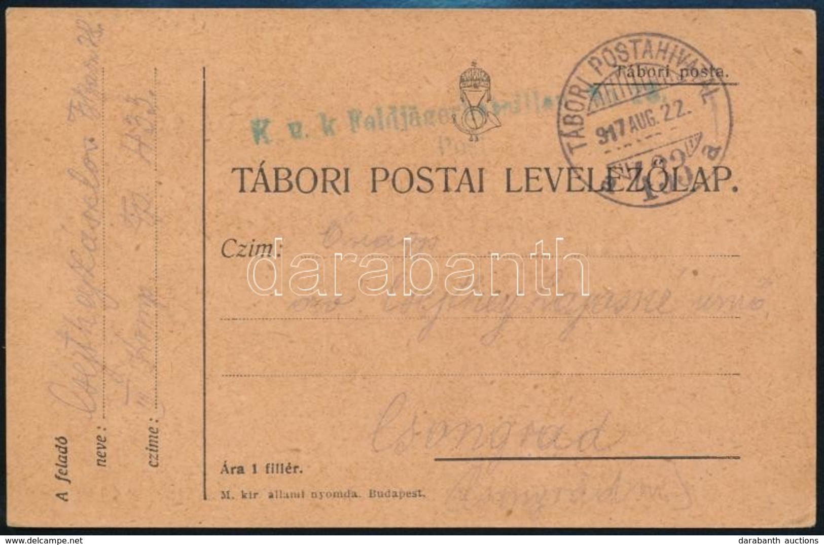 1917 Tábori Posta Levelez?lap 'K.u.k. Feldjägerbataillon No.28. Post' + 'TP 433 A' - Otros & Sin Clasificación