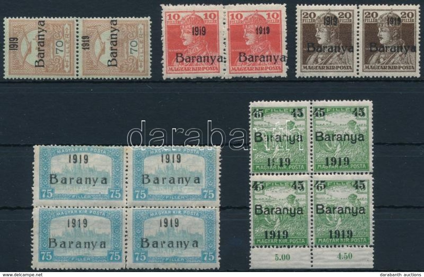 ** * Baranya I. 1919 5 Klf Bélyeg összefüggésekben, Közte érdekességek, Bodor Vizsgálójellel (10.950) - Otros & Sin Clasificación