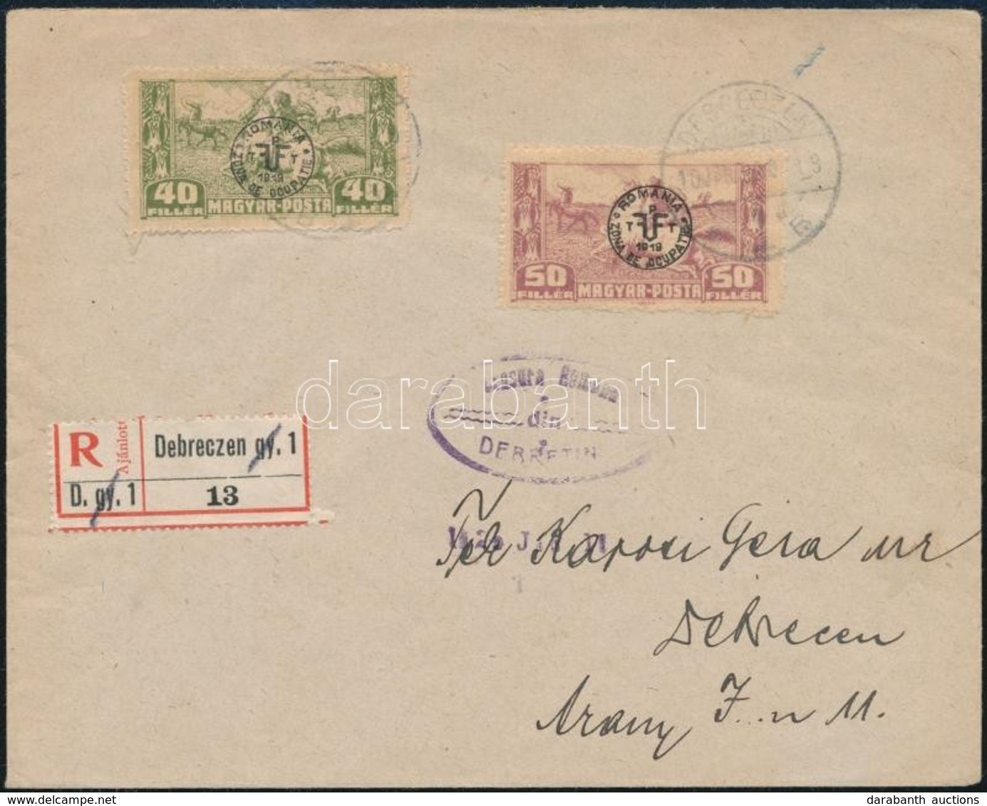Debrecen II. 1919 Román Megszállás 40f, 50f Ajánlott Helyi Levélen Cenzúrával - Otros & Sin Clasificación