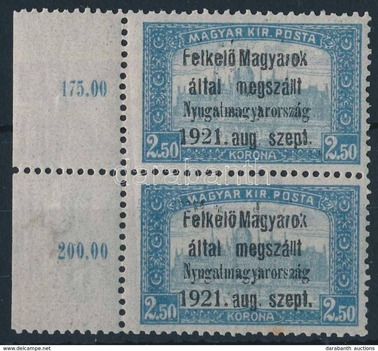 ** Nyugat-Magyarország I. 1921 Parlament 2,50K ívszéli Pár Bodor Vizsgálójellel (18.000) (kis Rozsda / Stain) - Otros & Sin Clasificación