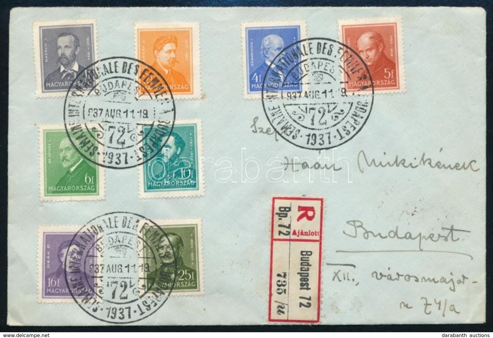 1937 Budapest Helyi Ajánlott Levél Arcképek Bérmentesítéssel és Alkalmi Bélyegzéssel / Local Registered Cover - Otros & Sin Clasificación