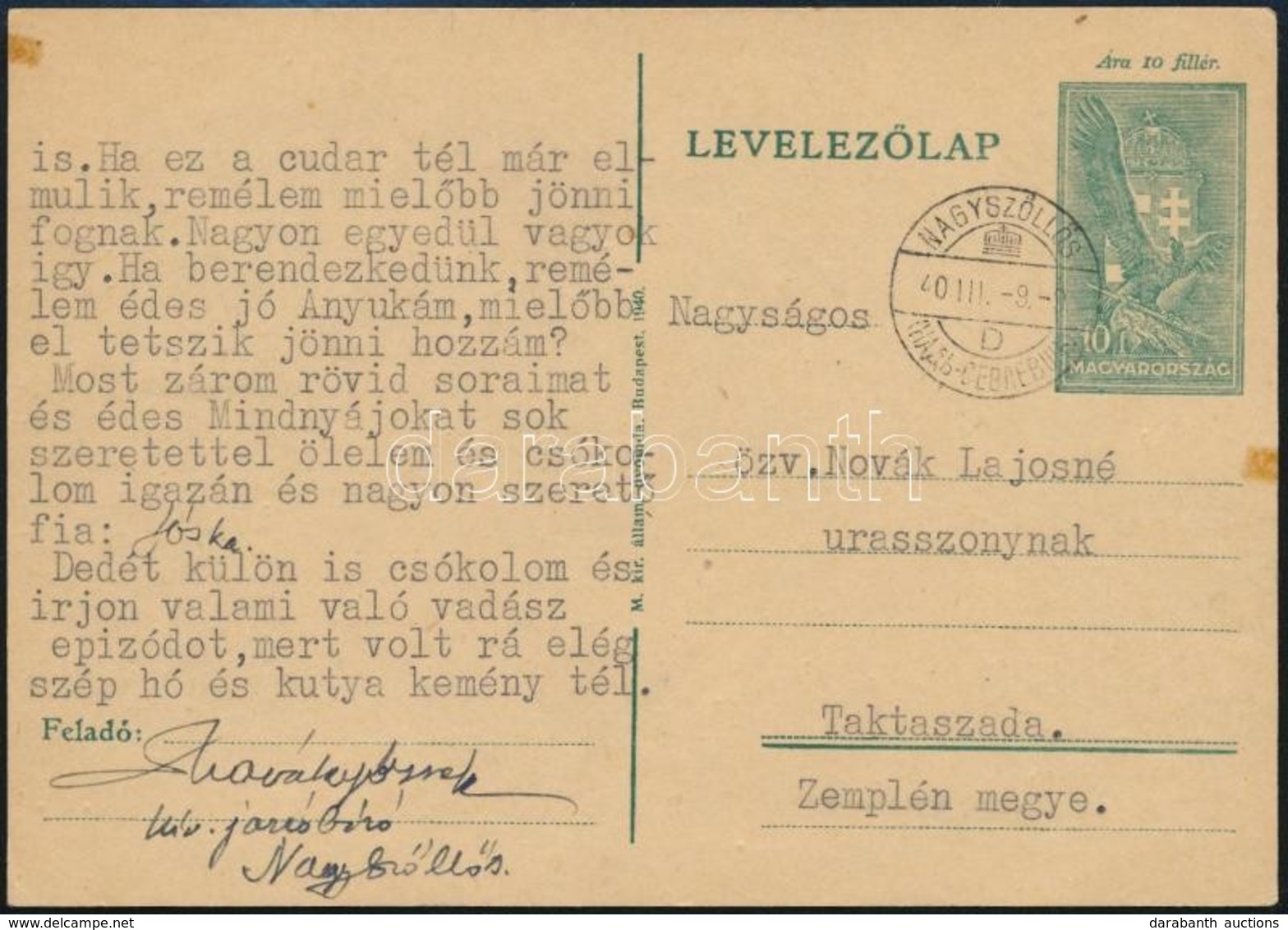 1940 Díjjegyes Levelez?lap Kétnyelv? Bélyegzéssel / PS-card With Bilingual Cancellation 'NAGYSZ?LL?S' - Taktaszada - Otros & Sin Clasificación