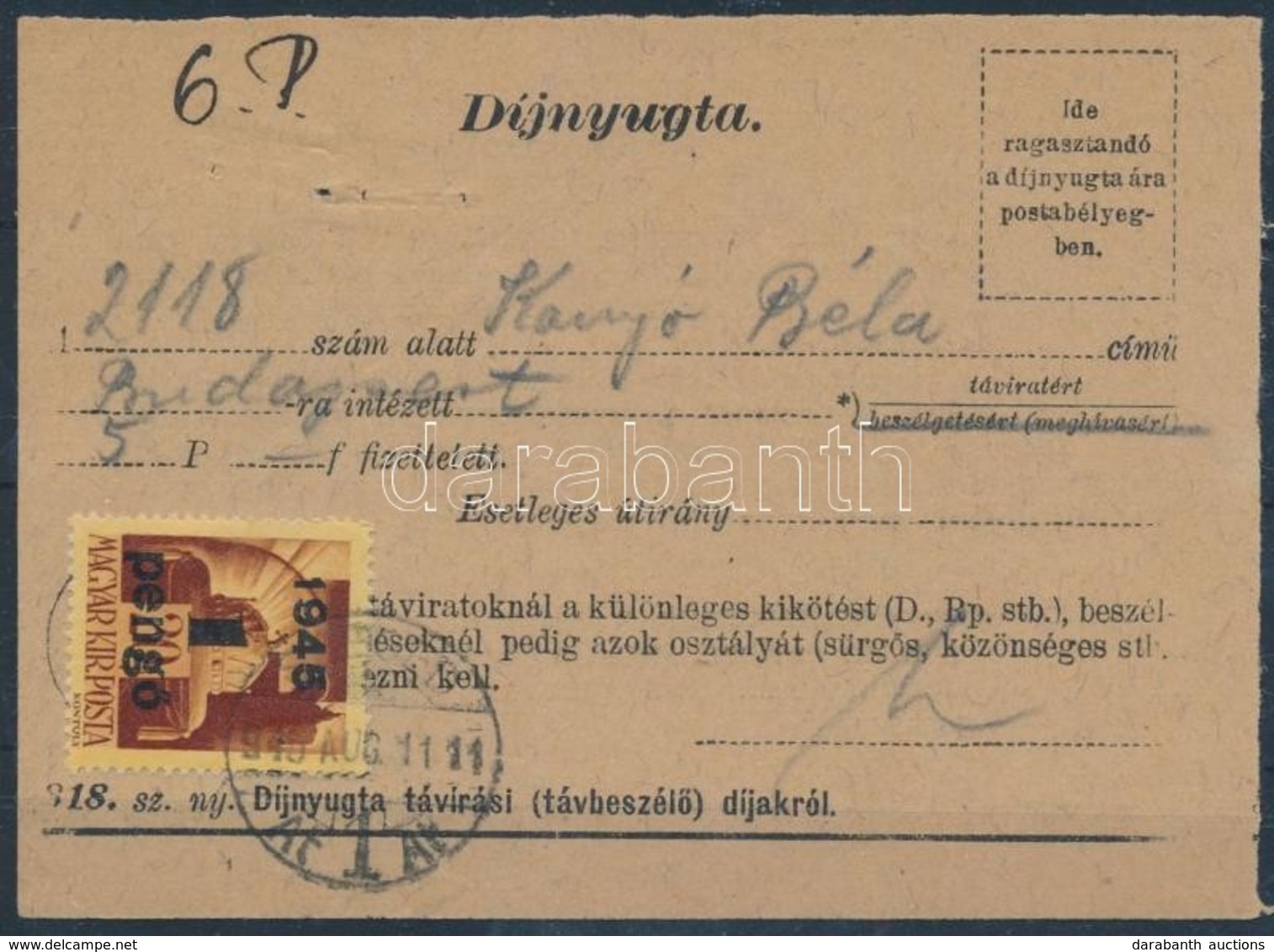 1945 (2. Díjszabás) Távirati Díjnyugta, Ritka! - Otros & Sin Clasificación