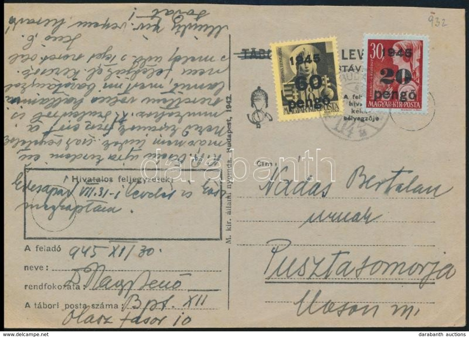 1945 (5. Díjszabás) Távolsági Levelez?lap Kisegít? 20P/30f + 60P/18f Bérmentesítéssel - Other & Unclassified