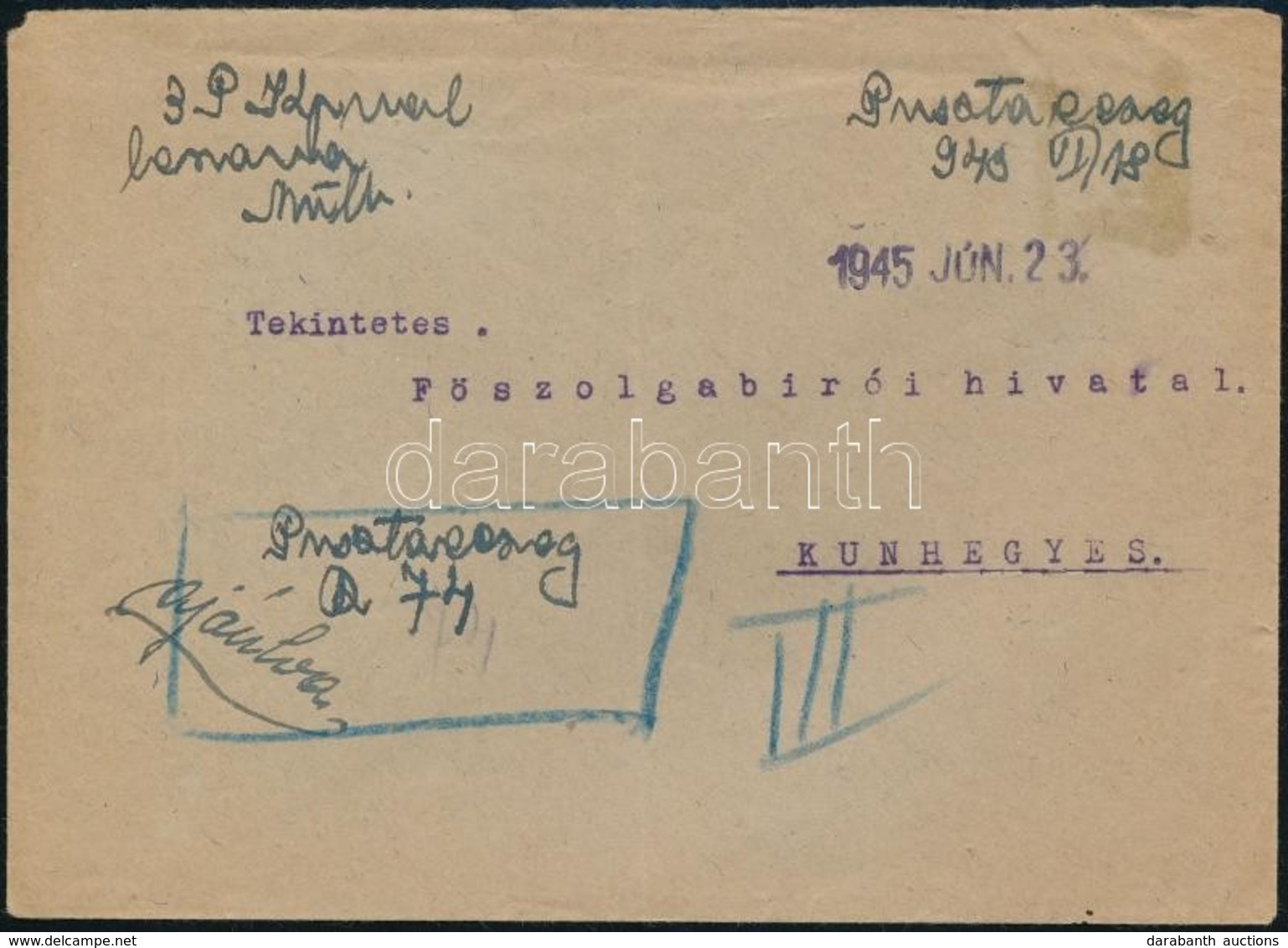 1945 Távolsági Ajánlott Levél 3P Kp Bérmentesítéssel, Rajzolt és Tollal írott Ajánlási Ragjellel Pusztaecseg - Kunhegyes - Otros & Sin Clasificación