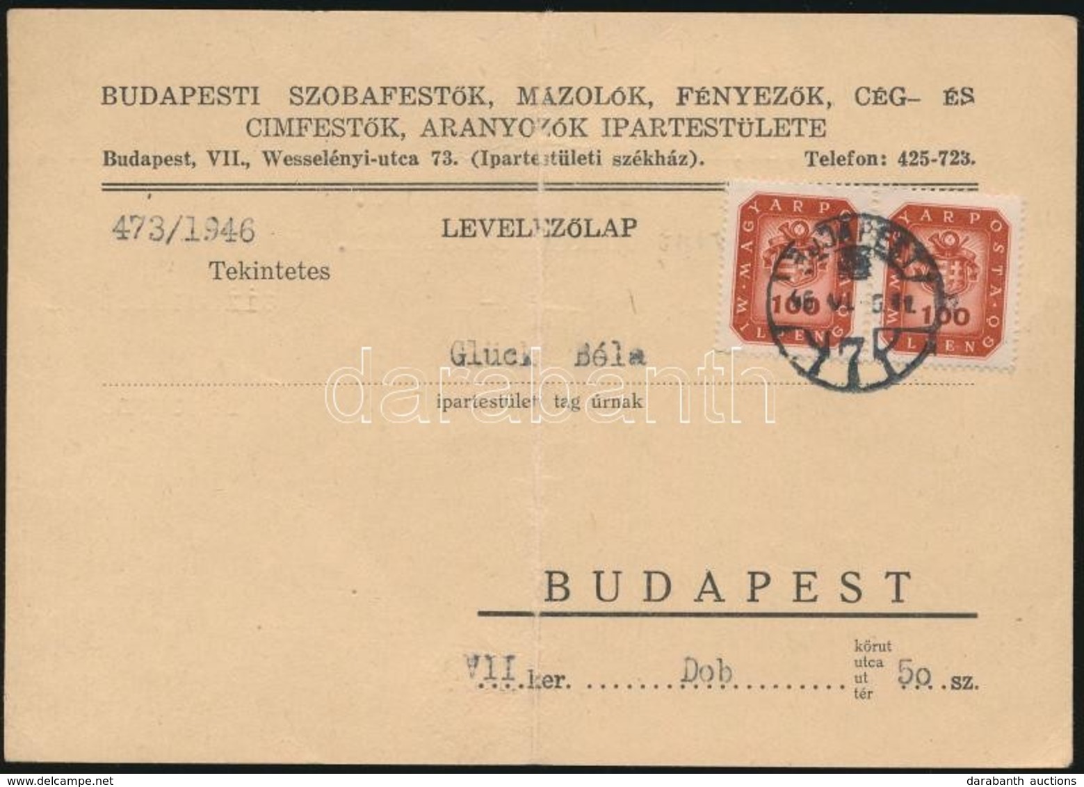 1946 (18. Díjszabás) Helyi Levelez?lap Milpeng?s 2 X 100mP Bérmentesítéssel, 40mP-vel Túl Bérmentesítve - Otros & Sin Clasificación