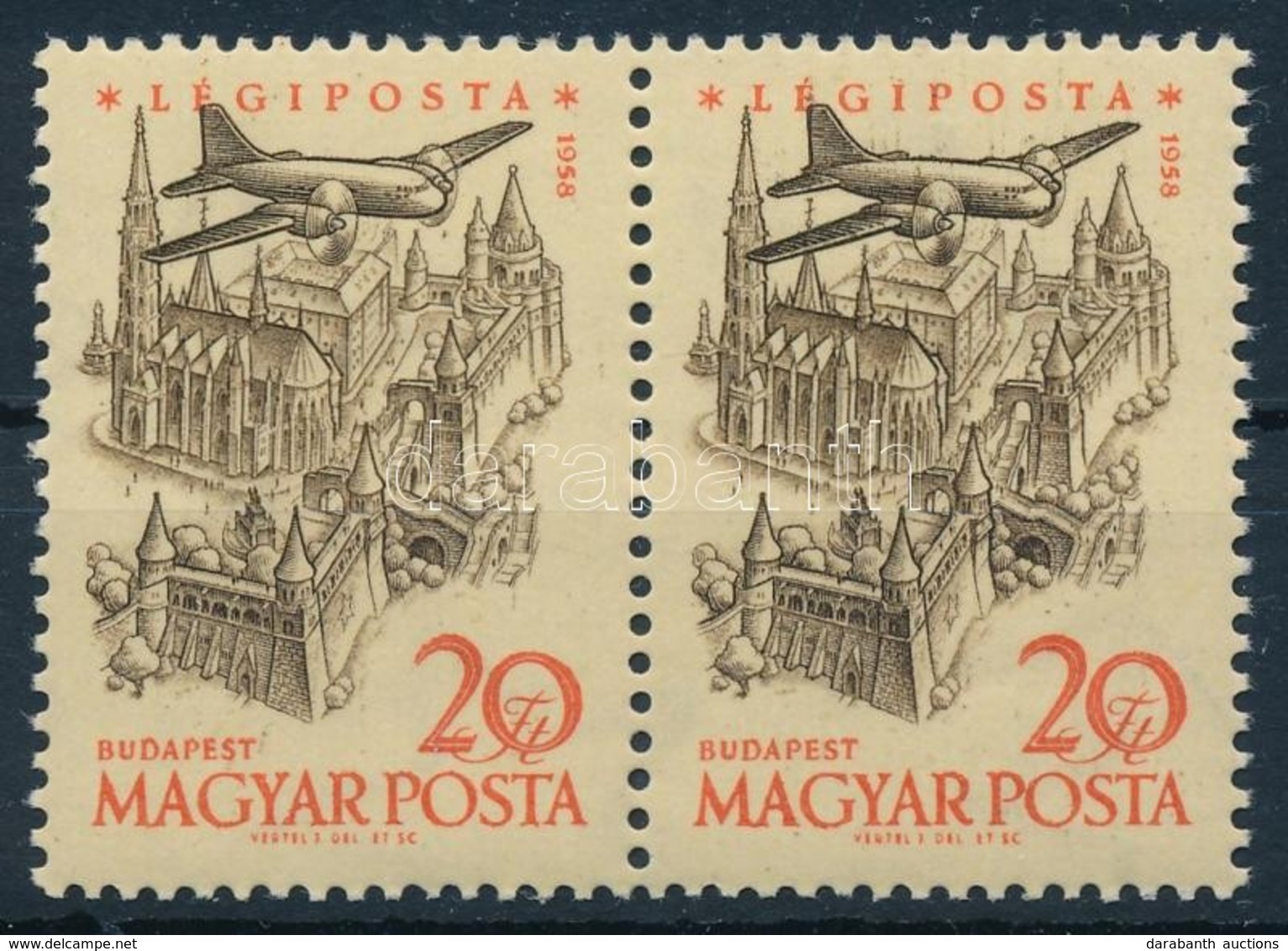 ** 1958 Légiposta 20Ft Pár, A Bal Oldali Bélyegen Festékfolt A Repül? Orránál, A Jobb Oldalán Barna Festékelken?dés - Sonstige & Ohne Zuordnung