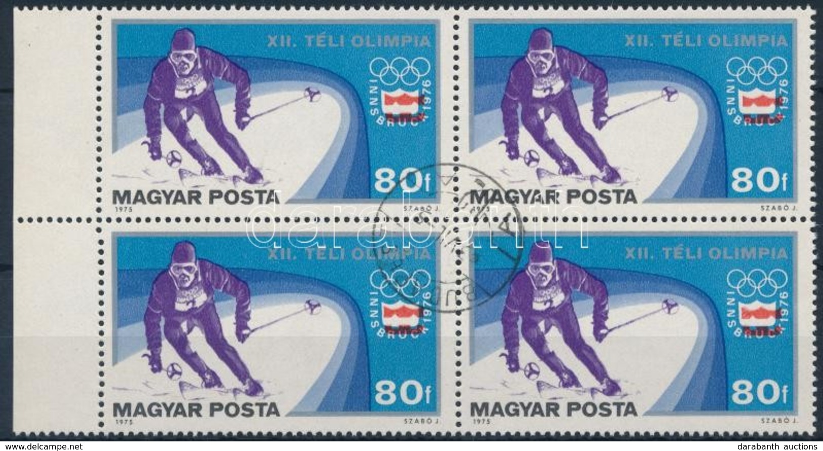 O 1975 Téli Olimpia 80f ívszéli Négyestömb, Lefelé Tolódott Piros Színnyomat / Mi 3091margin Block Of 4, Shifted Red Col - Otros & Sin Clasificación