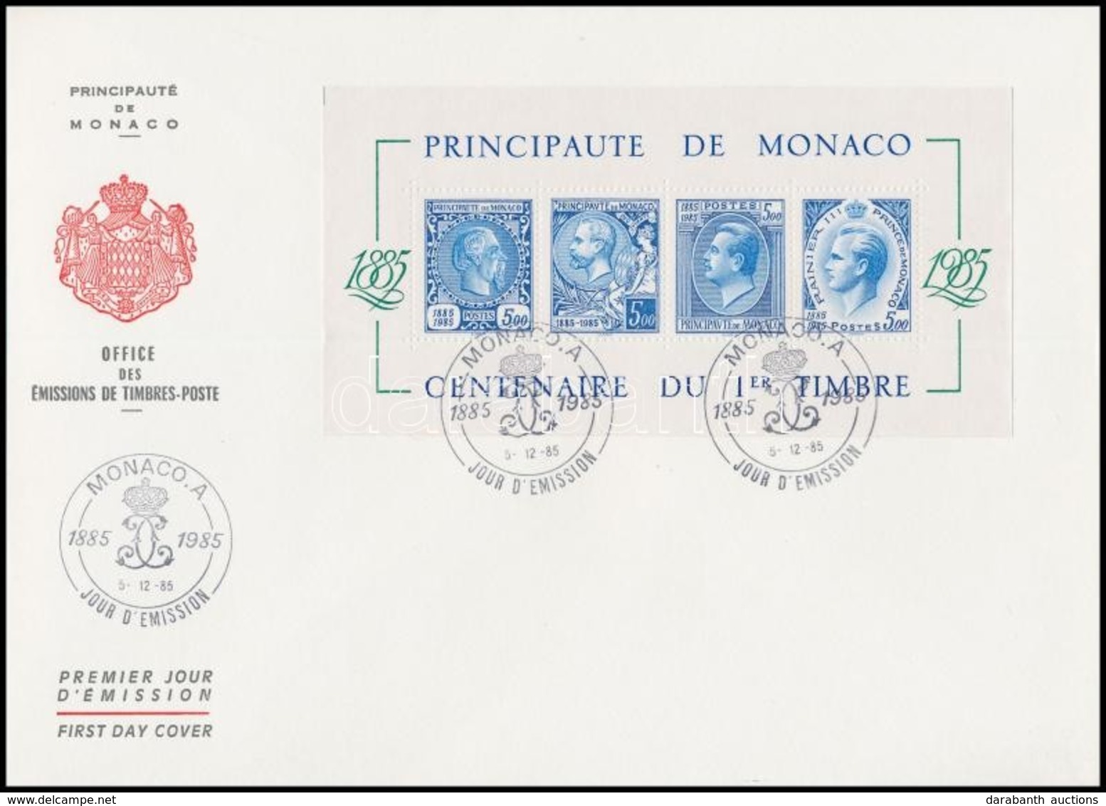 1985 100éves A Monaco-i Bélyeg Mi Blokk 31 FDC-n - Sonstige & Ohne Zuordnung