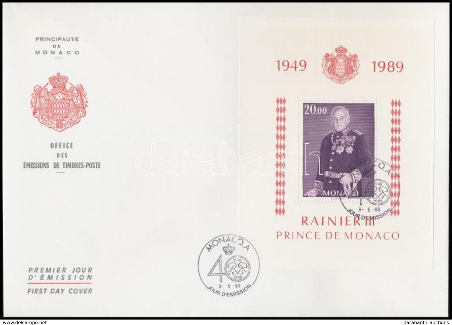 1989 III. Rainier Herceg Uralkodásának 40. évfordulója Blokk Mi 43 FDC-n - Otros & Sin Clasificación