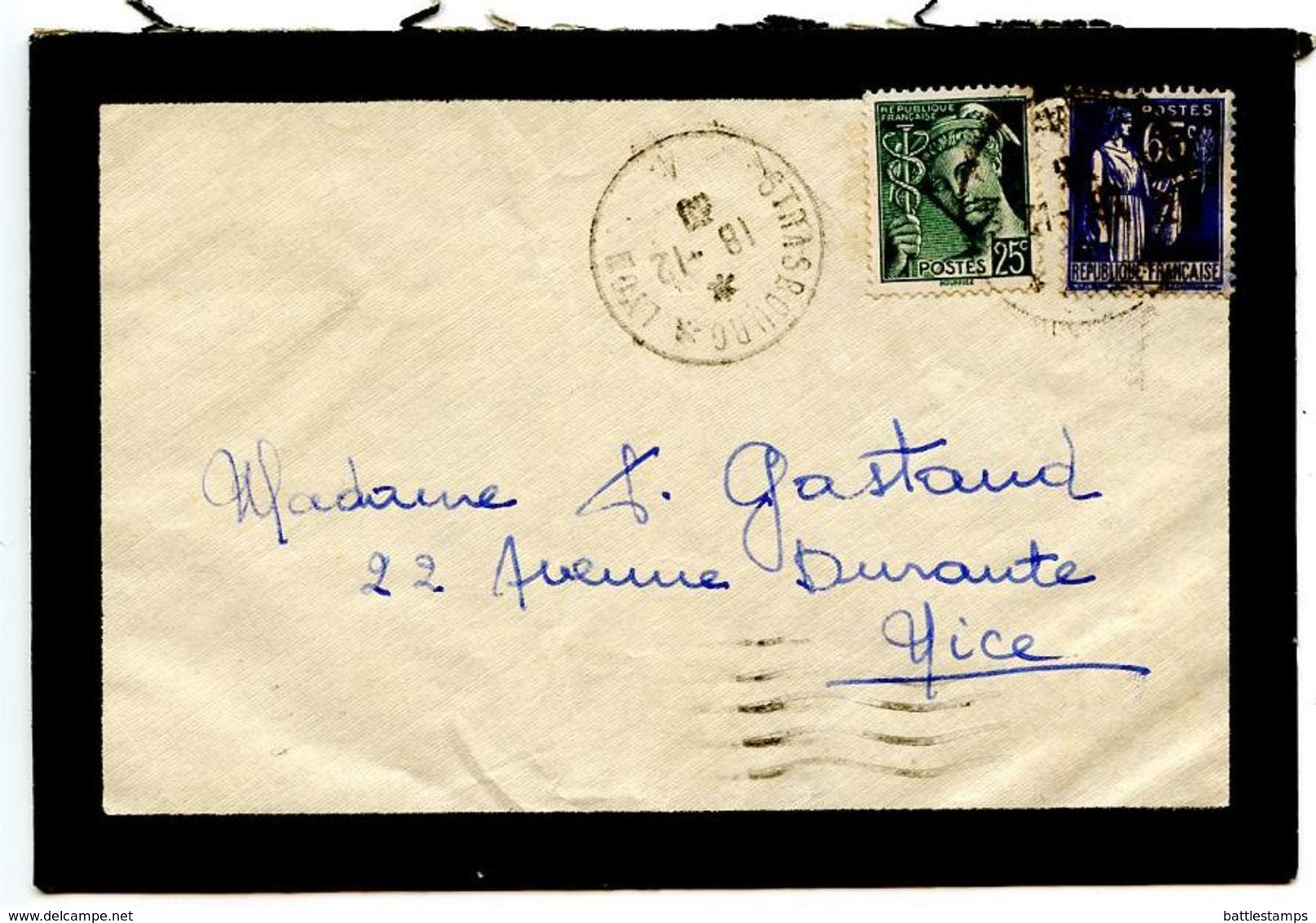 France 1939 RPO / Mourning Cover Strasbourg A Lyon To Nice - Railway Post