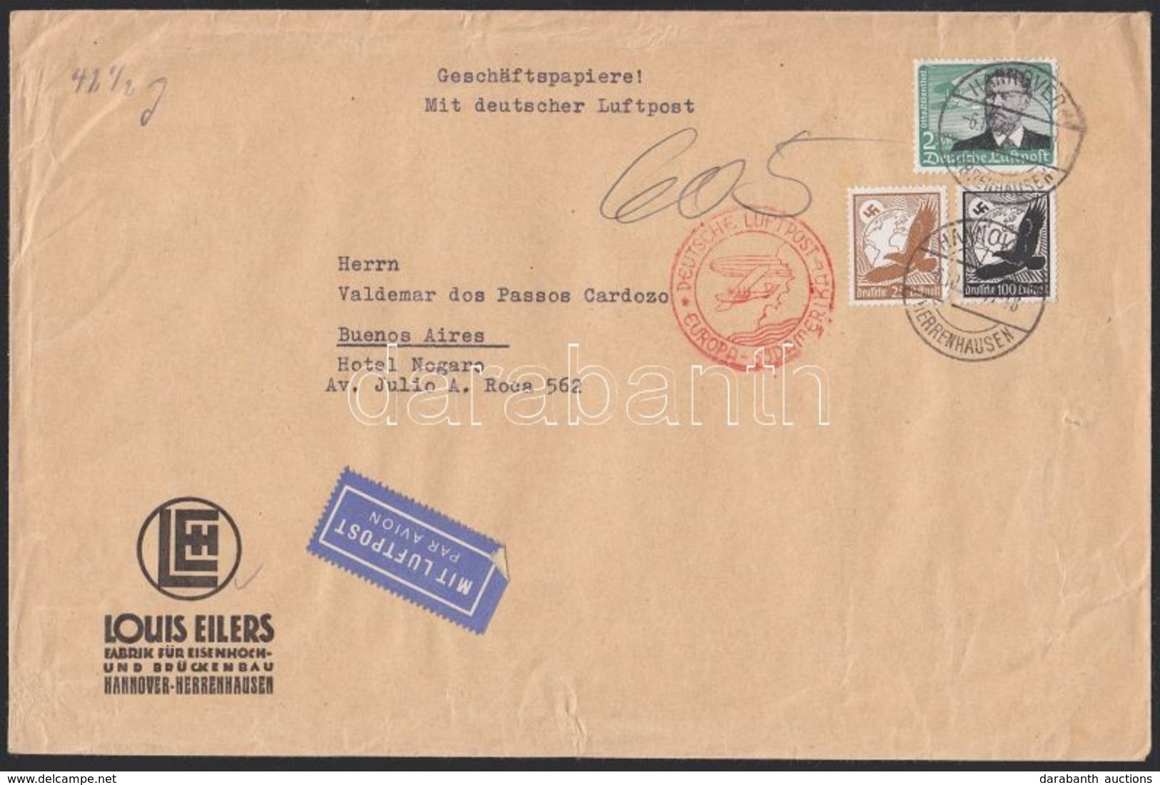 1937 Légi Levél Argentínába 3,25 RM Bérmentesítéssel / Airmail Cover To Argentina With 3,25 RM Franking - Sonstige & Ohne Zuordnung