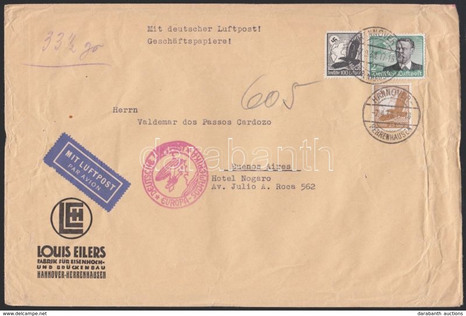 1938 Légi Levél Argentínába 3,25 RM Bérmentesítéssel / Airmail Cover To Argentina With 3,25 RM Franking - Otros & Sin Clasificación