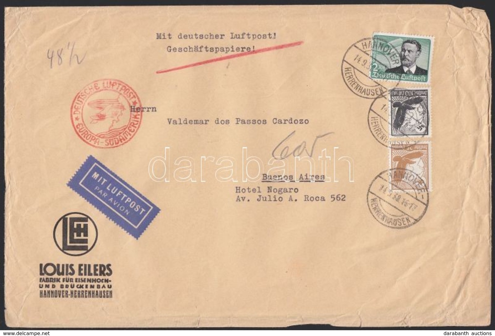 1938 Légi Levél Argentínába 3,25 RM Bérmentesítéssel / Airmail Cover To Argentina With 3,25 RM Franking - Otros & Sin Clasificación