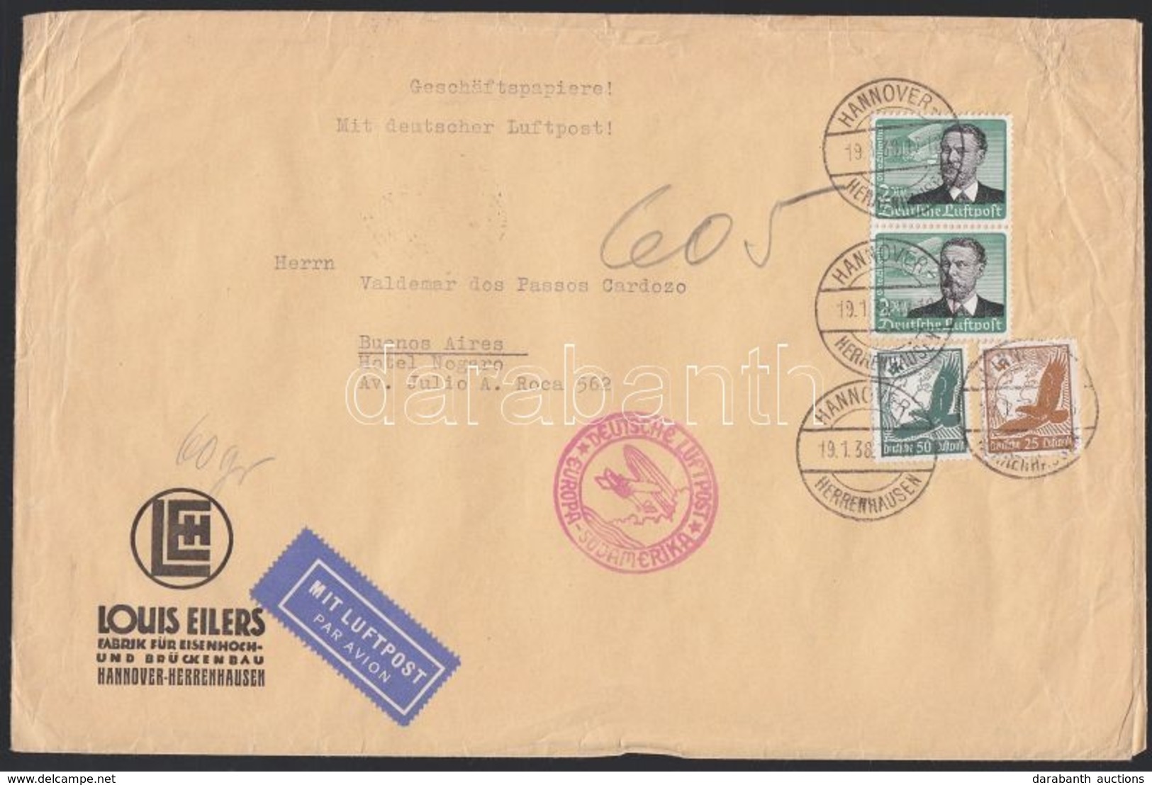 1938 Légi Levél Argentínába 4,75 RM Bérmentesítéssel / Airmail Cover To Argentina With 4,75 RM Franking - Sonstige & Ohne Zuordnung