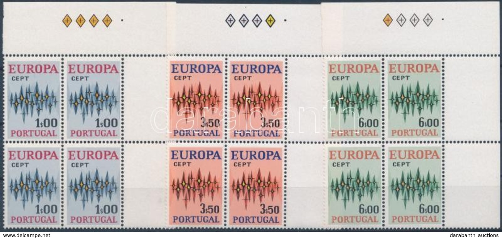 ** 1972 Európa CEPT Sor ívsarki 4-es Tömbökben Mi 1166-1168 (1E Papírránc / Paper Crease) - Autres & Non Classés