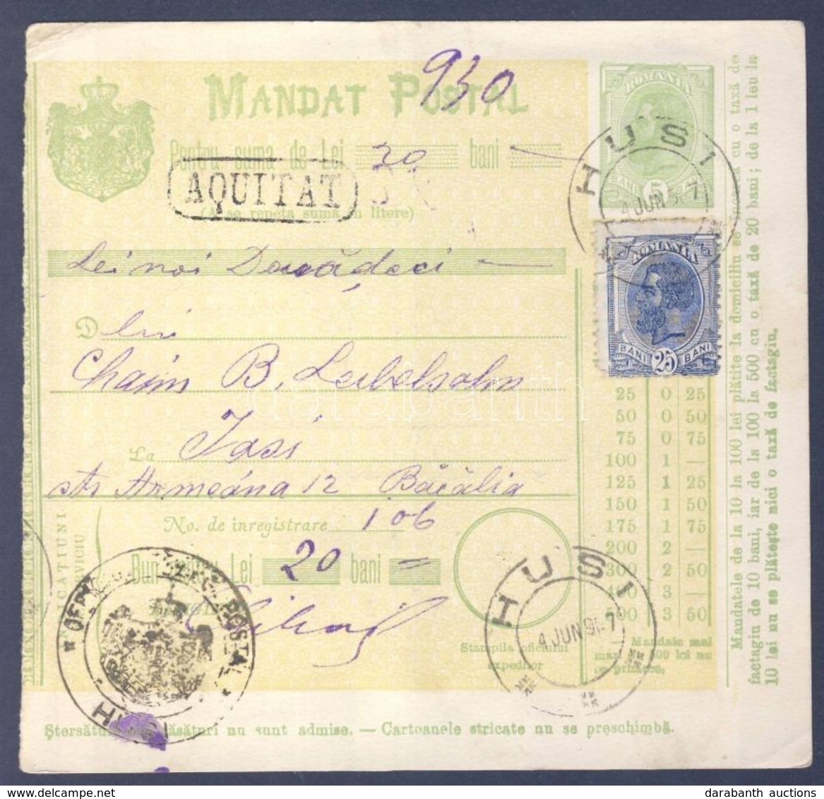 1907 Díjkiegészített Díjjegyes Pénzutalvány, Hátoldalán 2 X 5B Portóval / PS-money Order With Additional Franking, 2 X 5 - Otros & Sin Clasificación