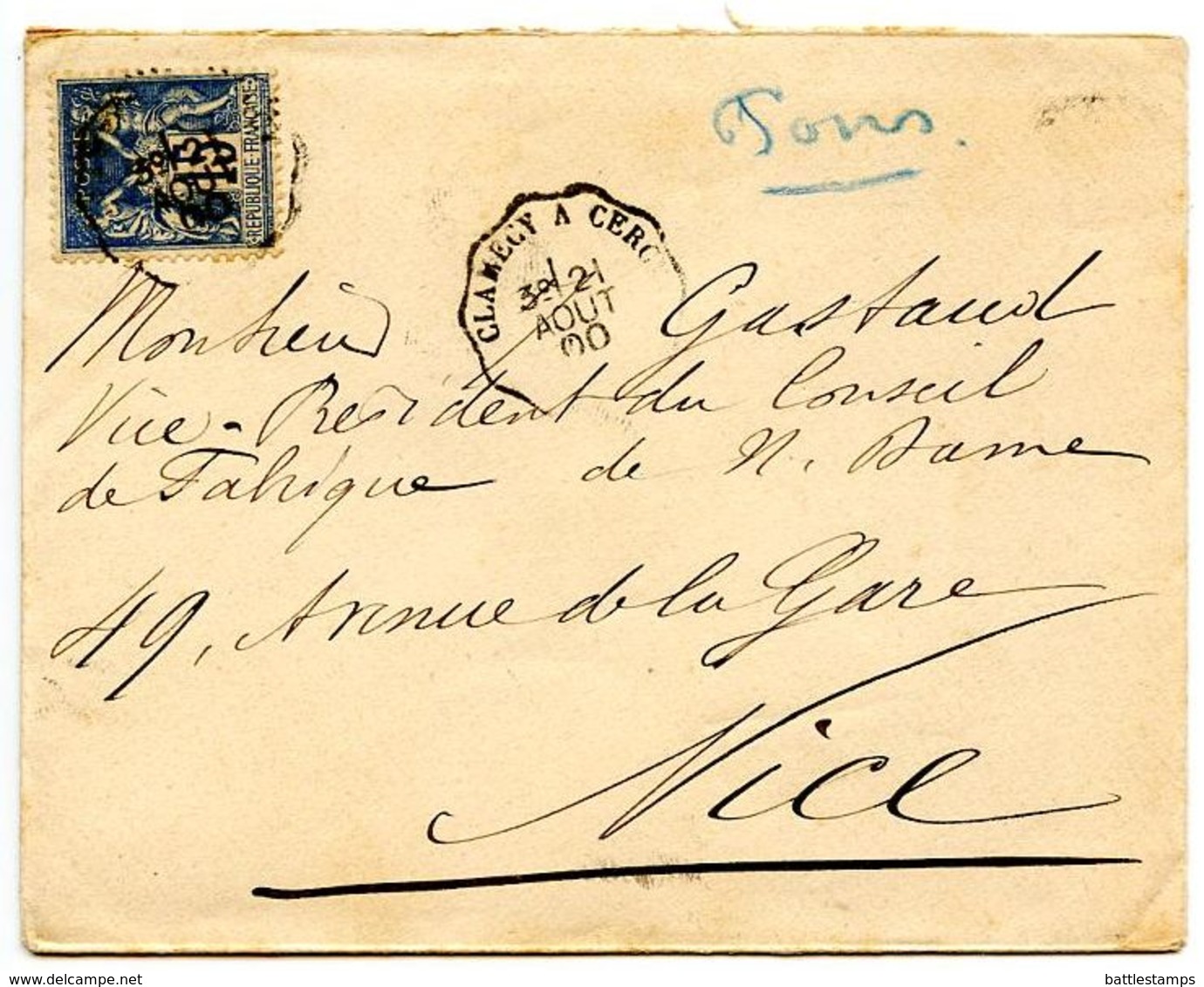 France 1900 RPO Cover Clamecy A Cercy To Nice - Railway Post