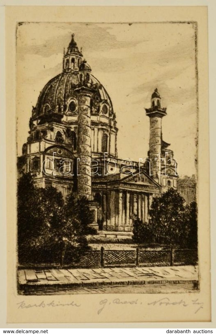 Nowak, Otto Robert (1874-1945): Karlskirche, Bécs, Rézkarc, Papír, Jelzett, Paszpartuban, 15×9,5 Cm - Otros & Sin Clasificación