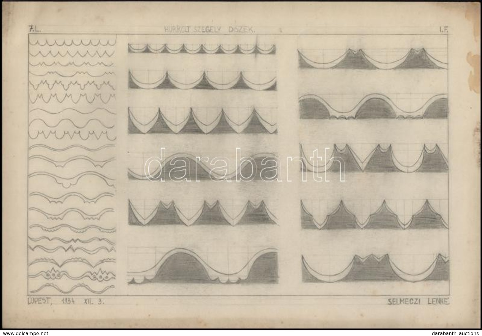 1934-1936 Selmeczi Lenke (?-?): Minta és Ruhatervek, 10 Db, Akvarell-ceruza, Jelzett, Egy-két Lapszél Foltos, Egy Lapszé - Otros & Sin Clasificación