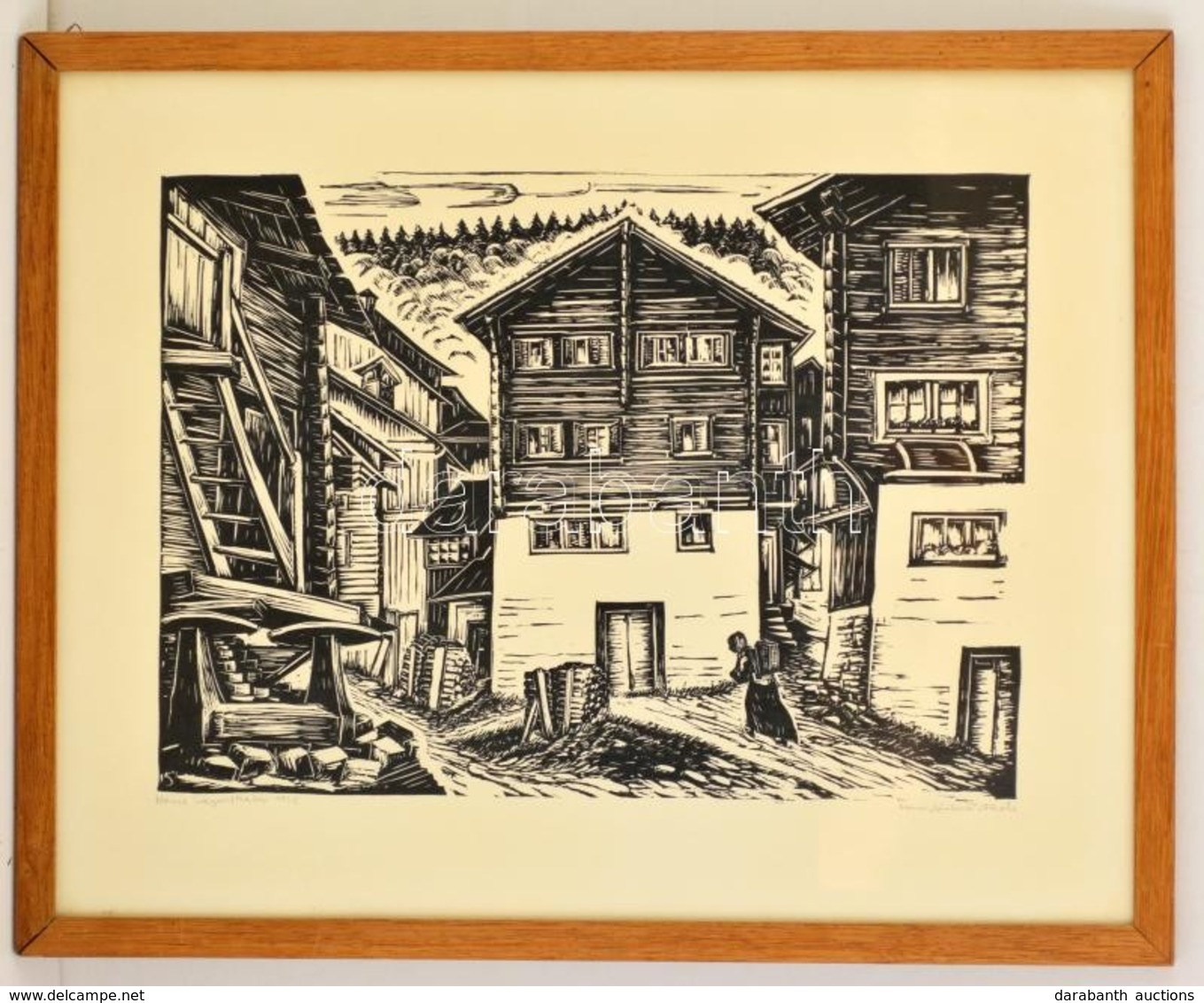 Hans Siegenthaler (?-?): Haus Fiesch. Linó, Papír, Jelzett, üvegezett Keretben, 30×42 Cm - Otros & Sin Clasificación