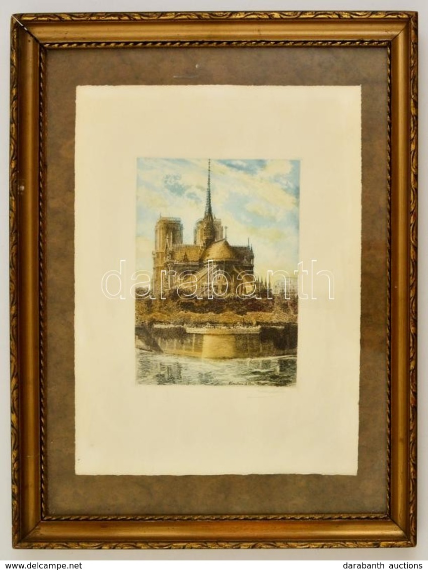 Olvashatatlan Jelzéssel: Notre Dame. Színezett Rézkarc, Papír, üvegezett Keretben, 19×14 Cm - Otros & Sin Clasificación