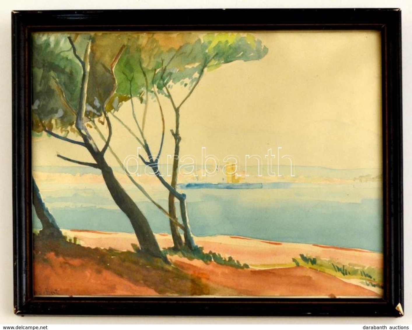 Olvashatatlan Jelzéssel: Mediterrán Tengerpart, Akvarell, Papír, üvegezett Fa Keretben, 22×28,5 Cm - Otros & Sin Clasificación