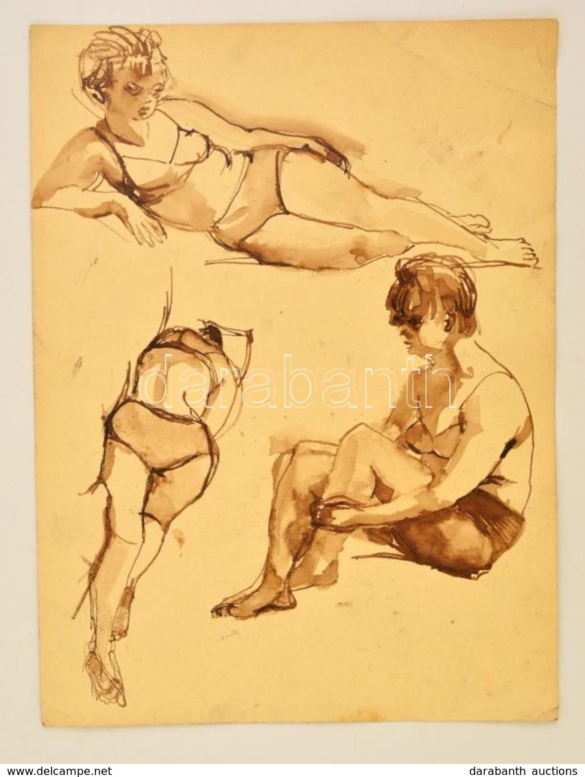 Jelzés Nélkül: Bikinis Tanulmány Rajzok (két Oldalas), Tus, Papír, Gy?rött, 39×29 Cm - Otros & Sin Clasificación