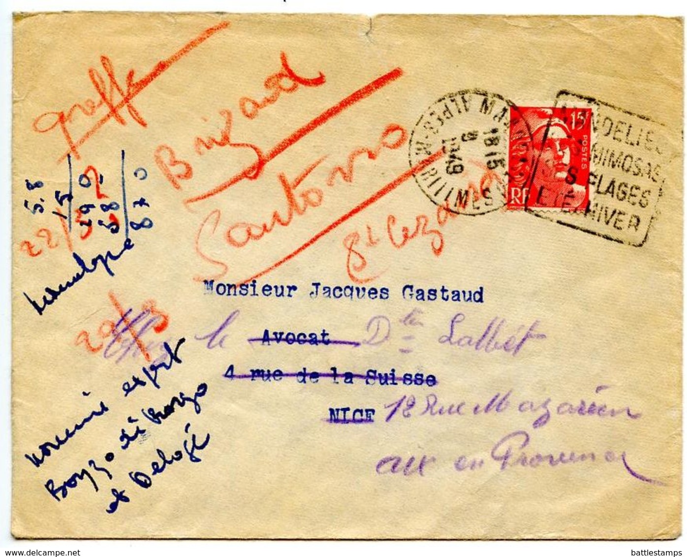 France 1949 Cover Mandelieu To Nice, Forwarded To Aix-en-Provence - Covers & Documents