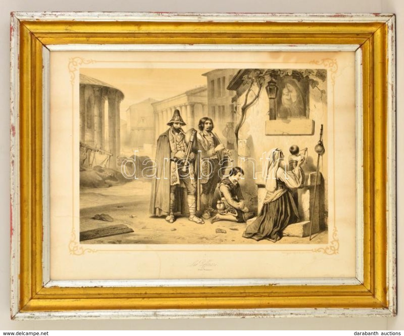 Cca 1880 Les Pifferari. Litográfia, Papír, Foltos, Keretben, 37×46 Cm - Stiche & Gravuren