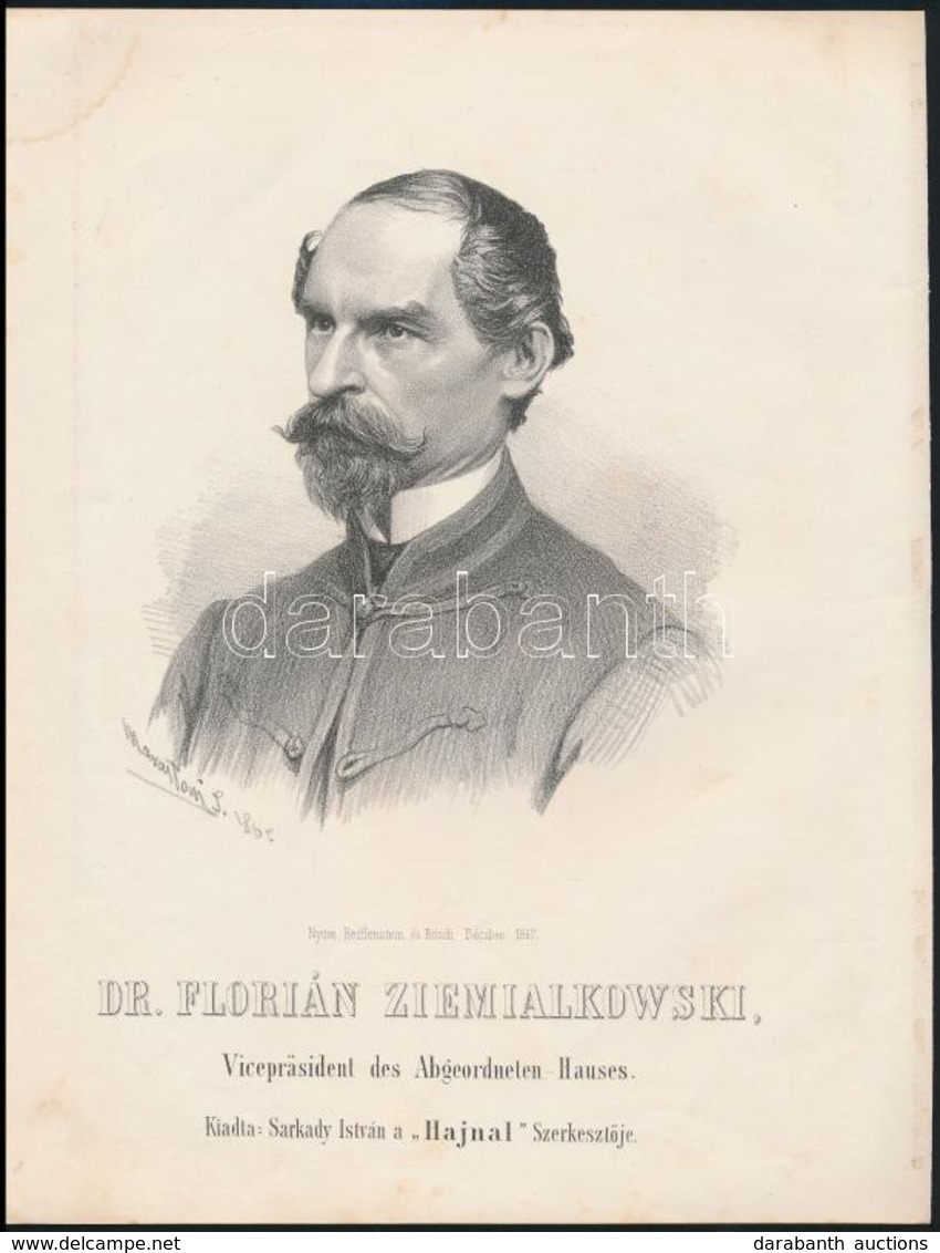 Cca 1867 Marastoni József: Florian Ziemia?kowski Lengyel Politikus Portréja, Litográfia, Papír, 27×21 Cm - Estampas & Grabados