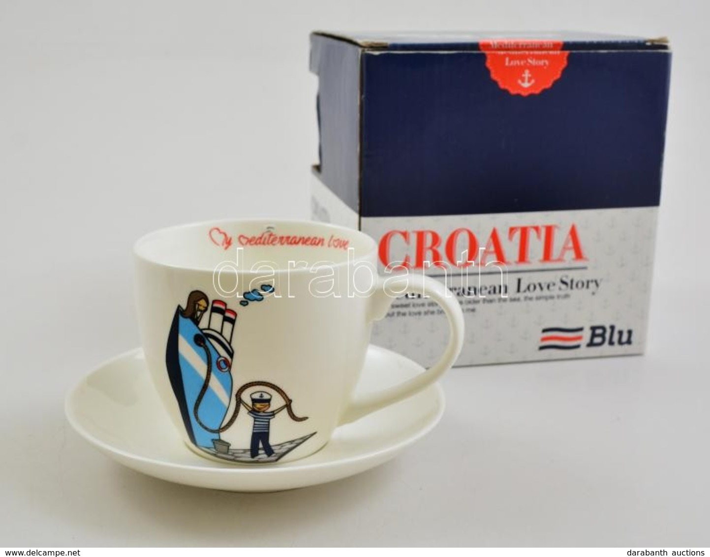 'Croatia' Matrózos Porcelán Csésze és Alj, Matricás, Jelzett, A Tál Alján Minimális Lepattanással, Eredeti Dobozában - Otros & Sin Clasificación