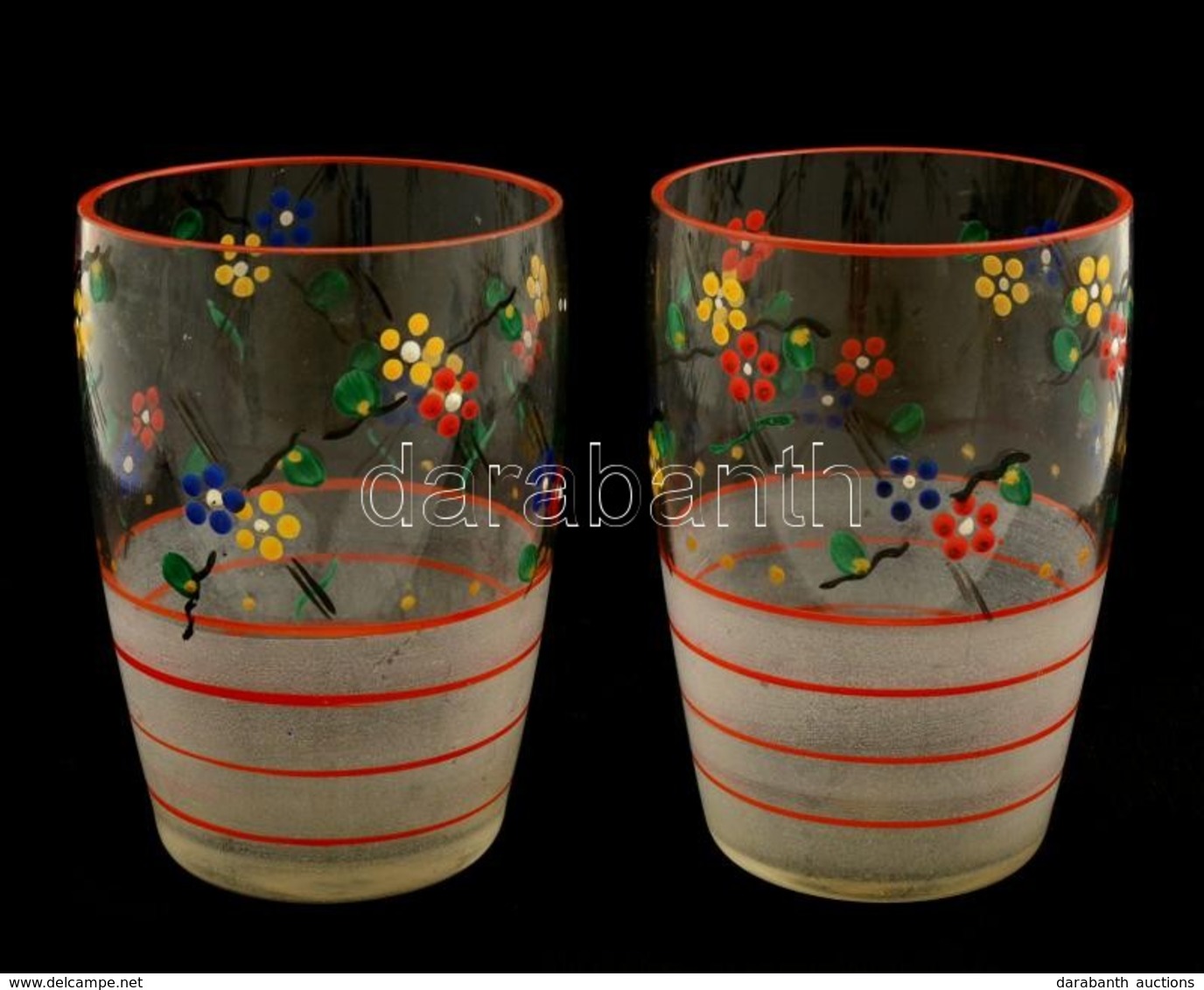 2 Db Virágmintás Kispohár, Kézzel Festett, Apró Kopásokkal, D: 6,5 Cm - Verre & Cristal